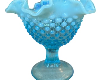 ヴィンテージ フェントン ブルーガラス ホブネイル、ホワイト フリル