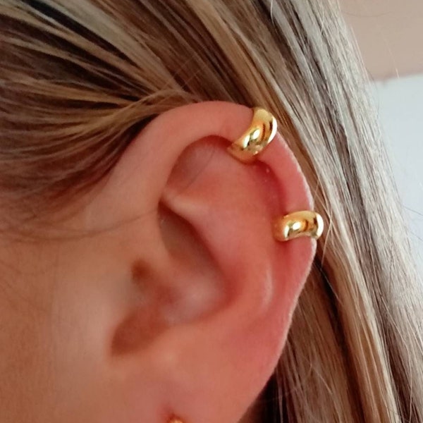 Gold Plated Silver EarCuff Earrings, Cartilage Earrings without hole, Simple Plated Ear Cuff, Chunky Smooth Silver Conch Ear Cuff Earrings