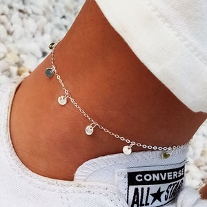 Silver Anklet Bracelet with Hanging Badges, Adjustable 925 Sterling Silver Anklet Decorated with Round Hanging Badges, Anklet