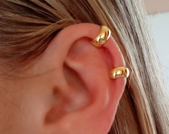 Gold Plated Silver EarCuff Earrings, Cartilage Earrings without hole, Simple Plated Ear Cuff, Chunky Smooth Silver Conch Ear Cuff Earrings