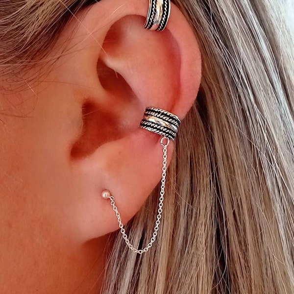 Earrings with Cartilage Chain and lobe, Ear cuff with 925 Silver chain, Cartilage earrings and lobe in Sterling Silver, EarCuff