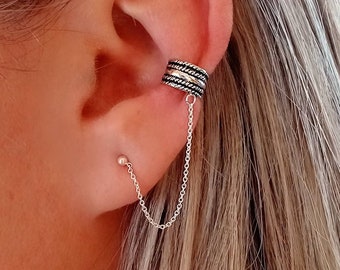 Earrings with Cartilage Chain and lobe, Ear cuff with 925 Silver chain, Cartilage earrings and lobe in Sterling Silver, EarCuff