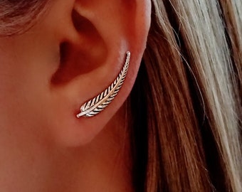 Feather Climbing Earrings, Silver Earrings, Silver Feather Earrings, Boho Chic Earrings, Boho Earrings, Climbing Earrings, climb earring set