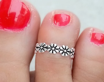 Foot Ring with Daisies in 925 Sterling Silver, Foot Ring with Flowers · Summer Ring · Woman Ring for feet · Toe Ring