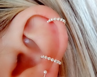 Simple Silver Ball Ear Cuff, Beaded ear cuff cartilage earrings ear wrap, minimalist design with small Silver balls