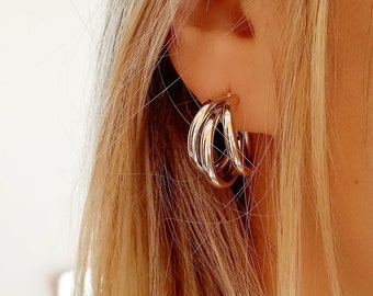 Hoop earrings made up of 3 hoops crimped together, waterproof hypoallergenic steel hoop earrings