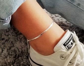 Silver 925 Anklet Bracelet Herringbone,  Flat cord Silver Anklet Bracelet, Minimalist adjustable 925 Sterling Silver Snake Anklet bracelet