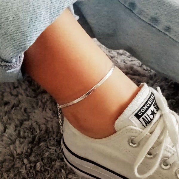 Silver 925 Anklet Bracelet Herringbone,  Flat cord Silver Anklet Bracelet, Minimalist adjustable 925 Sterling Silver Snake Anklet bracelet