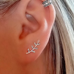 Pendientes Trepadores de Ramitas Plata de Ley 925, Trepadores para Cartílago, Ear Climbers hojas de arbol diseño inspirado en la naturaleza