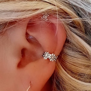 Pendientes Modernos para Cartilago No Piercing EarCuff Flores Plata Esterlina 925, Joyeria Minimalista para Mujeres, Ideas de Regalo