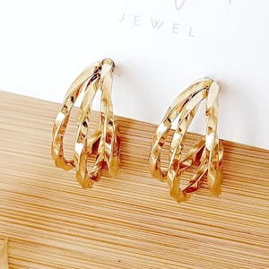 Three Small Hoop Earrings, Triple Hoop Earrings, Modern Women's Earrings, Braided Gold Hoop Earrings