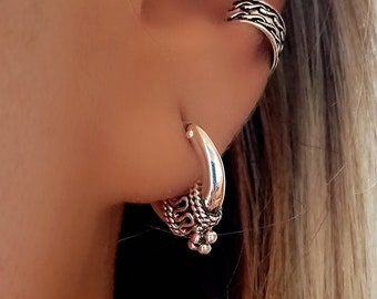 Boucles D'Oreilles Créoles En Argent Sterling 925 Bali - Diamètre 16 Mm - Ethnique Neuf