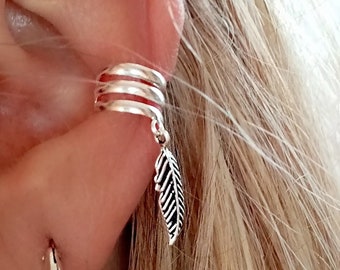 Silver Feather Ear Cuff Cartilage Earrings with Feather Dangle, Bohemian Style EarCuff Earrings in Sterling Silver