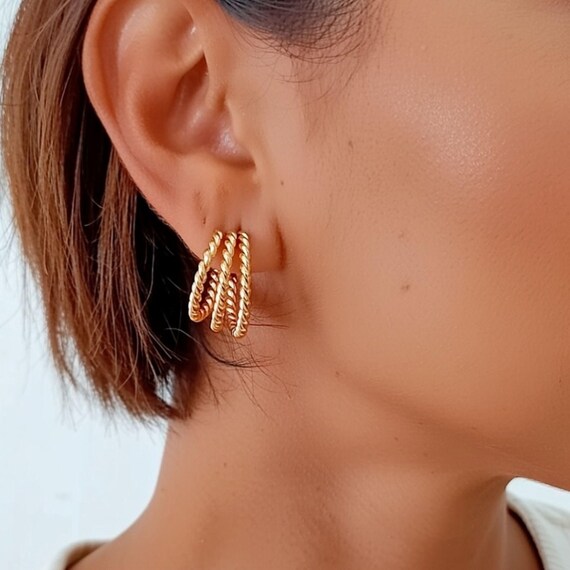 Boucles D'oreilles Créoles Triple Torsade En Or Jaune 9 Carats (9K) - Marque Jewellerybox - Neuf