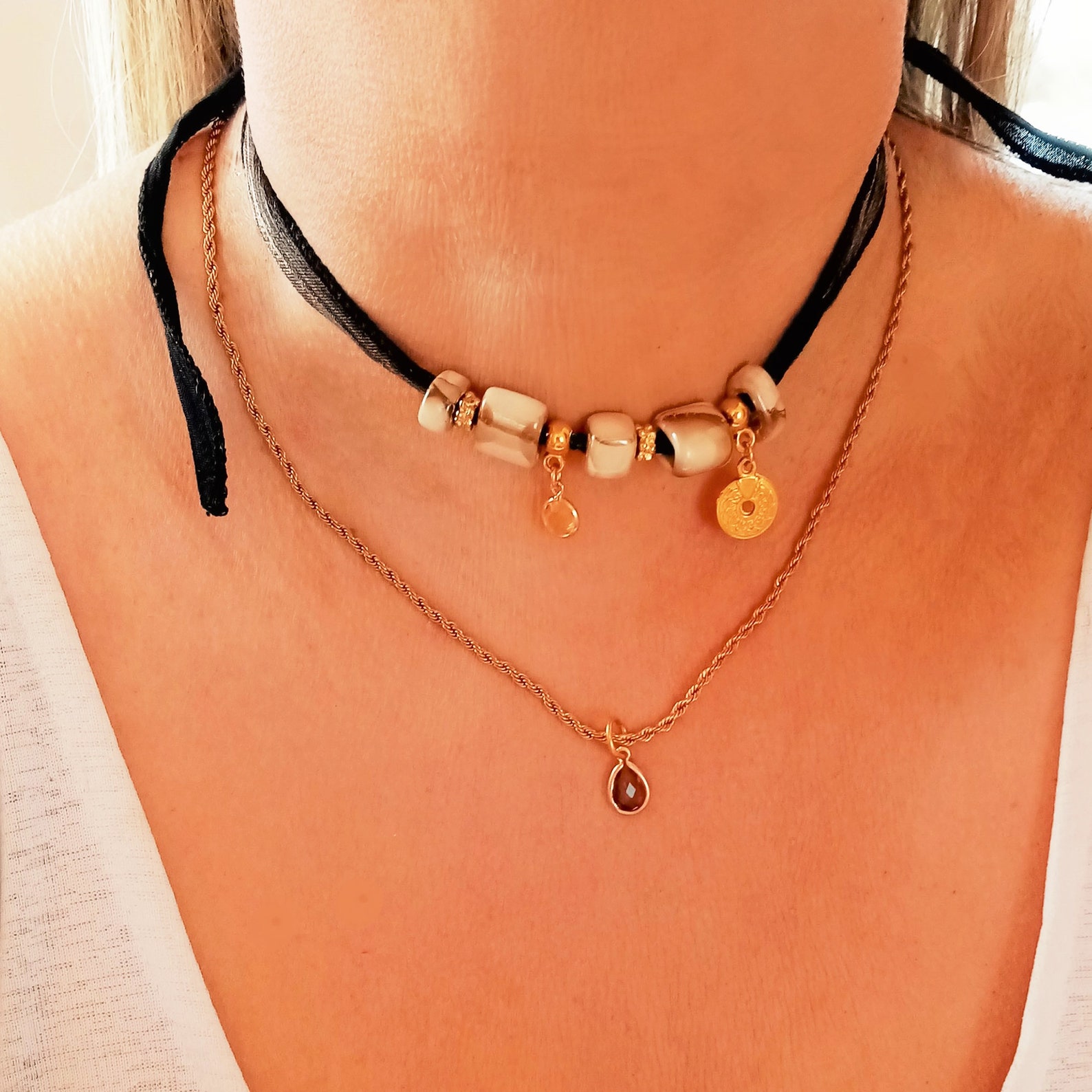 Black and Gold Necklace With Ethnic Charm and Porcelain Beads Etsy