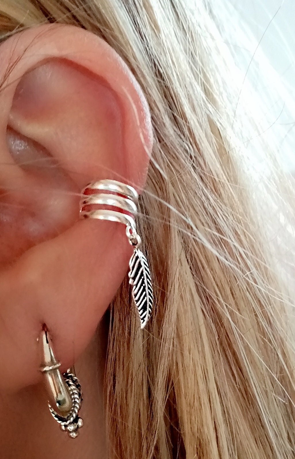 Silver Feather Ear Cuff Cartilage Earrings with Feather Dangle, Bohemian Style EarCuff Earrings in Sterling Silver