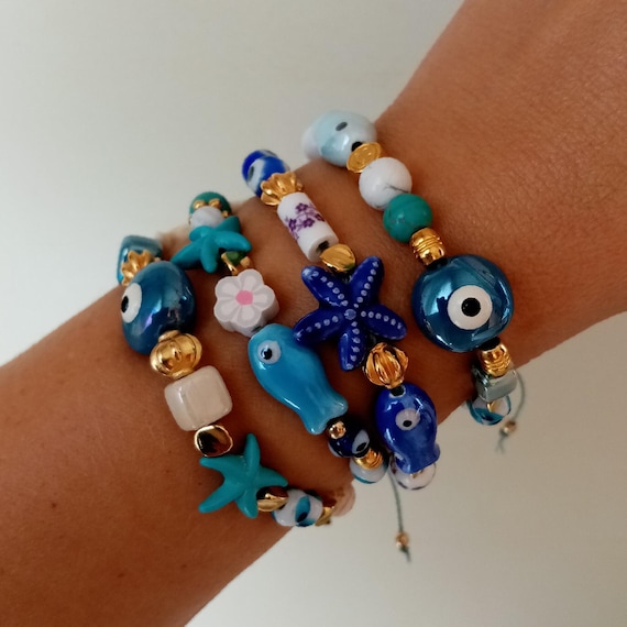 Pulseras de Porcelana Griega para Mujer estilo Mediterráneo,  pulsera de protección y buena suerte, pulseras de ojo turco de porcelana