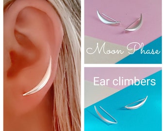 Climber Earrings Silver Moon Phase Climbing Concave Crescent Moon 925 Sterling Silver Moon Climbing Earrings Gift for Her