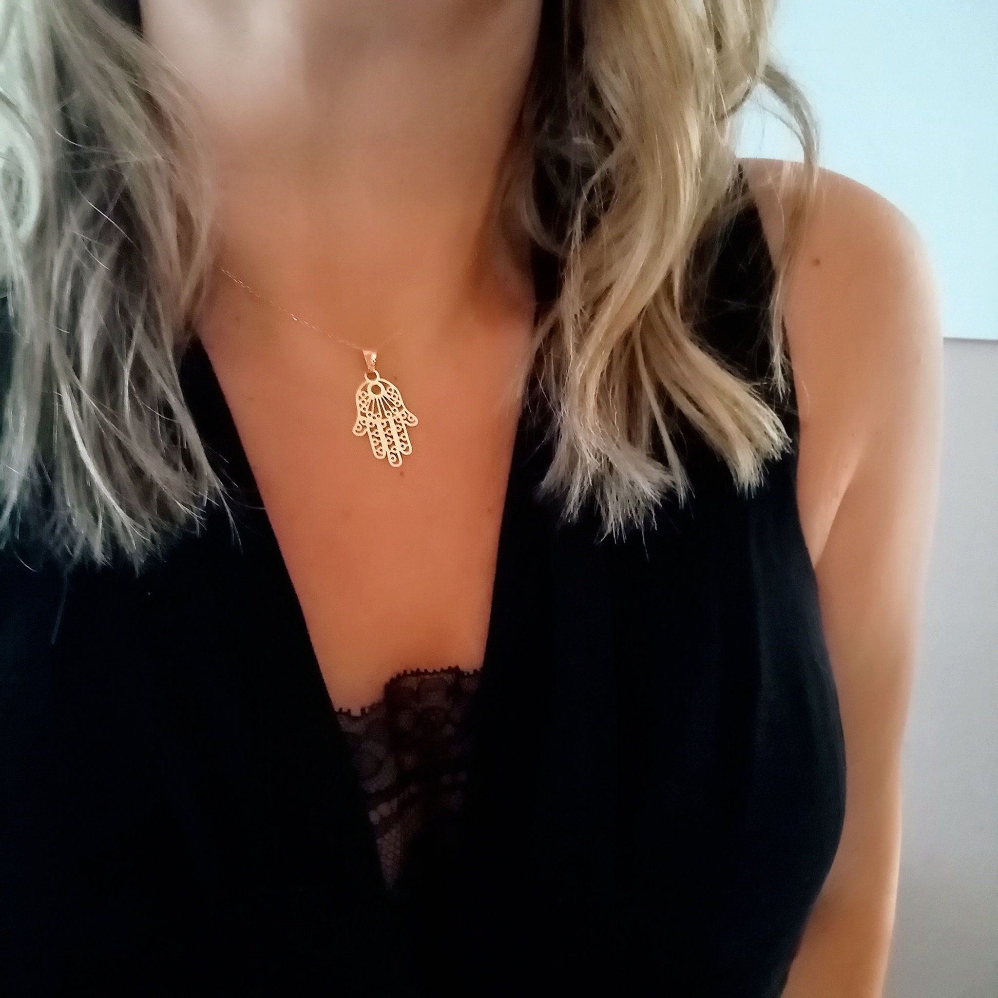 Hamsa necklace gold with Hand of Fatima pendant, Gold Hamsa Necklace, Protection Necklace, 925 Silver Necklace gold plating Spiritual Kabala