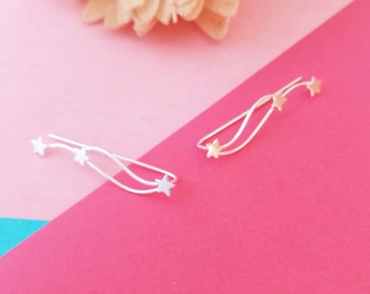Silver Climbing Earrings with Stars, Climbing Earrings 925 Sterling Silver, Silver Ear Climbers, Women&#39;s Earrings, Silver Stars Climbers