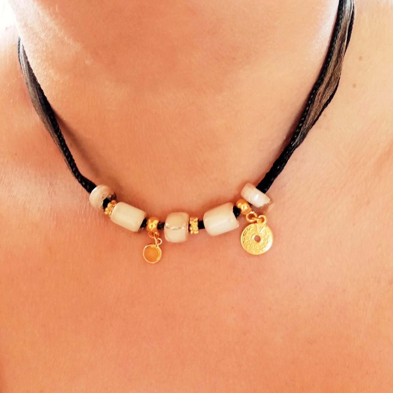 Black and Gold Necklace With Ethnic Charm and Porcelain Beads Etsy