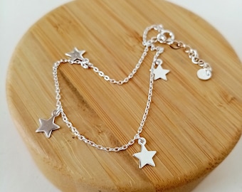 925 Sterling Silver Little Stars Bracelet, 925 Silver Bracelet with Hanging Stars, Bracelet with Star-shaped Pendants, Minimalist Jewelry