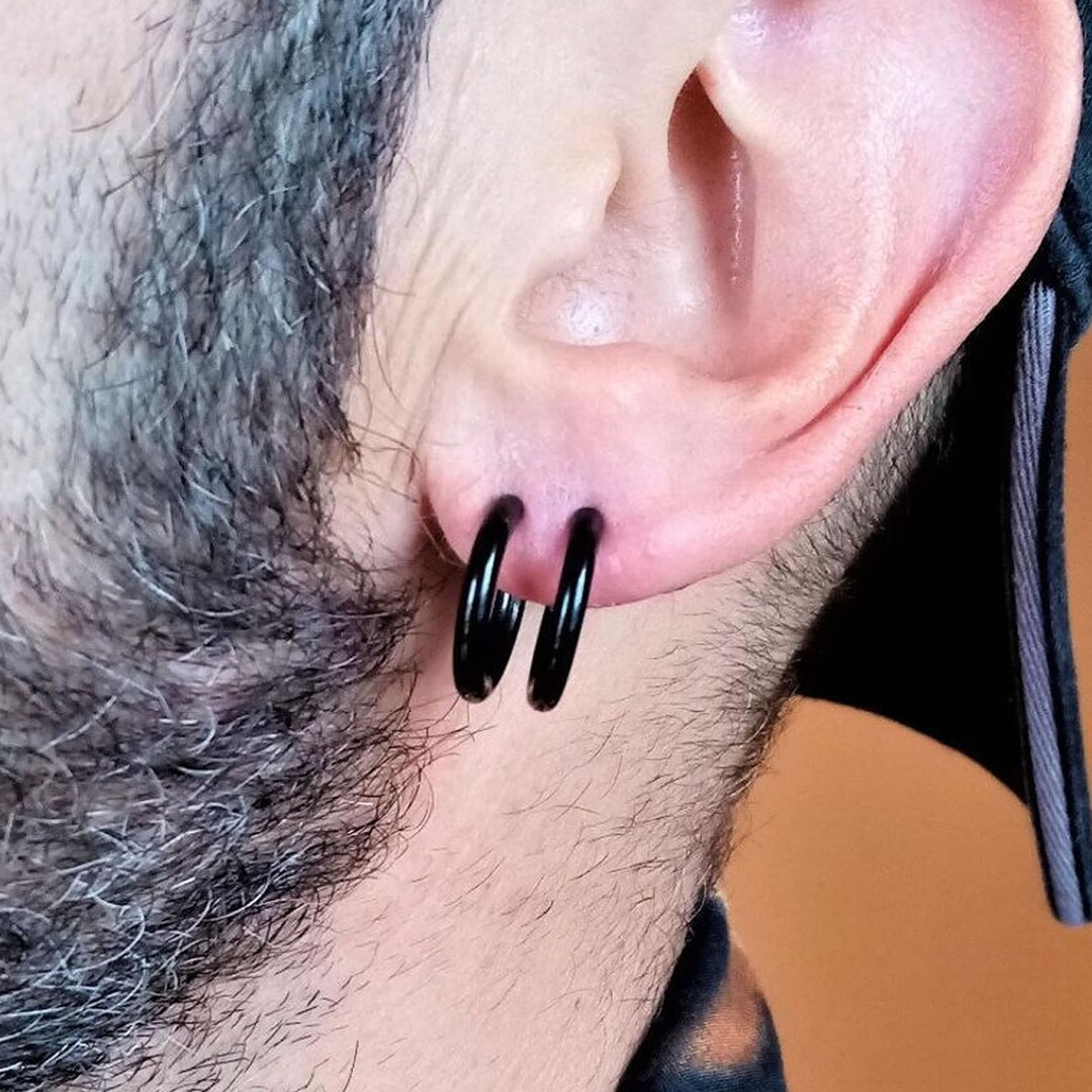 Black Steel Hipster Hoops, Men's Hoop Earrings, Simple and Minimalist ...