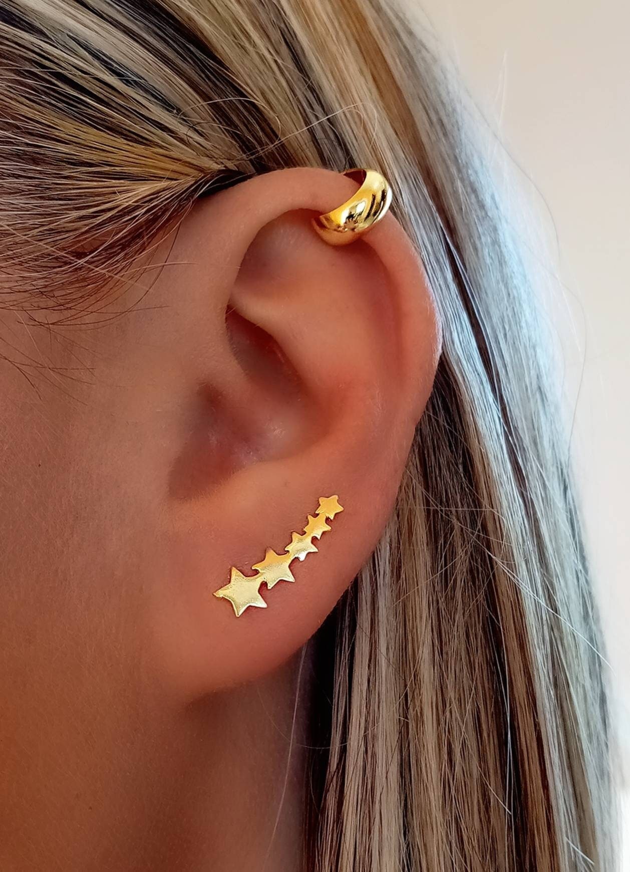 Gold Star Climbing Earrings Gold Plated Silver Earrings Five Star Ear Climbing Earrings Gold Ear Climber Dainty Ear Crawler Ear Cuff