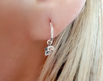 Skull Hoop Earrings, 925 Silver Skull Hanging Hoops, Sterling Silver Hoops Earrings, Silver Skull Earrings, Male Earring