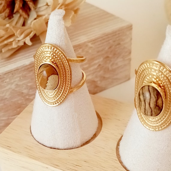 Bague Femme Grande avec pierre Jaspe marron Bague Acier Inoxydable Plaque Or et taille reglable Bague Femme Acier Dore Etsy France