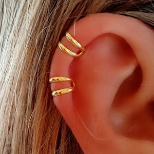 EarCuff Orecchini a doppia fascia Polsino per l'orecchio Due fasce Orecchini in argento placcato oro liscio Nessun foro Polsino per l'orecchio penetrante finto Cartilagine in oro