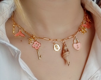 Concevez votre propre collier de charmes personnalisé - Style ROSE et OR conçu sur mesure - Collier en acier plaqué or personnalisé