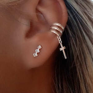 Ear Cuff Triple con Cruz Colgante de Plata Pendientes EarCuff Con Cruz estilo Bohemio en Plata de Ley  925, Pendientes Cartílago con Cruz
