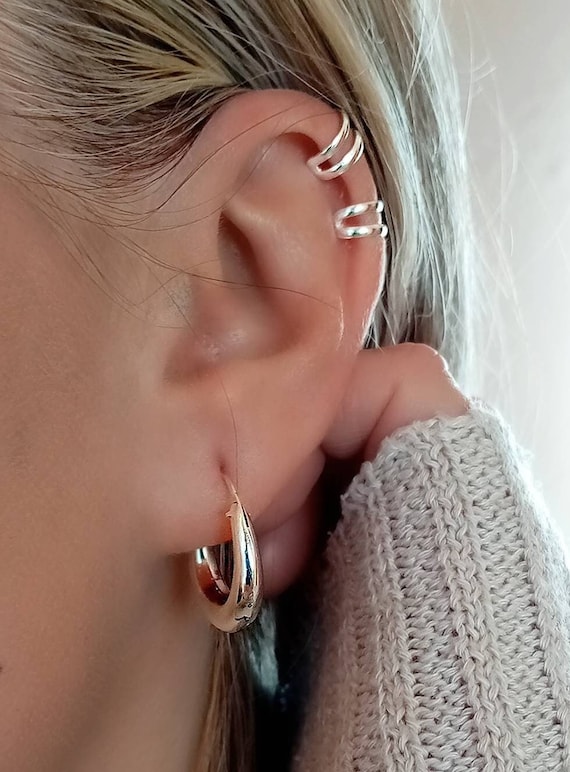 イヤリング Monday Edition _ Silver 925 Simple Ear Cuff Silver Ear Cuff No Piercing, Double 925 Silver Ear Clamp