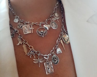 Charms Necklace Design Your Own, Stainless Steel Charm Necklace, Silver Charm Necklace  Vintage Style, Customizable Charm Necklace for woman