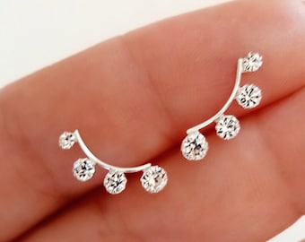 Tiny Climber Stud Earrings CZ,  Dainty Earrings 925Silver Climbing Earrings and Stones | Silver Climbing Earrings and Zircons | Ear Climbers