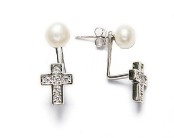 Sterling Silver Pearl and Cross Front Back Earrings ·  ear jacket pearl earrings - minimal earring • cz ear jacket