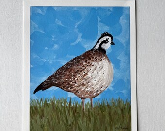 Könnte beinhalten: Ein Gemälde eines braunen und weißen Vogels mit weißem Kopf und schwarzem Auge. Der Vogel steht auf grünem Gras vor einem blauen Himmel.
