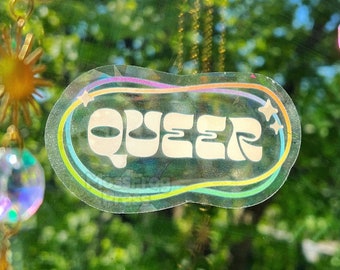 Queer Rainbow Suncatcher Vinyl Sticker | Gay LGBTQ Pride Colors Funky Typography Sticker