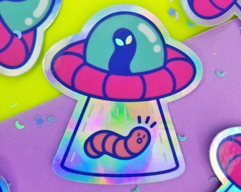 Alien Worm Sticker | 2.5 in Holographic Worm Sticker | Cute Holo Worm Halloween Vinyl Sticker