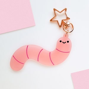 Cute Worm Keychain | 3 in Single-Sided Kawaii Charm | Frosted Pink Acrylic Charm Gift