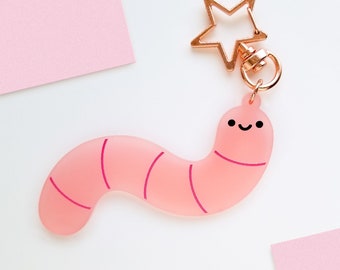 Cute Worm Keychain | 3 in Single-Sided Kawaii Charm | Frosted Pink Acrylic Charm Gift