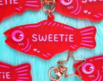 Sweetie Fish Keychain | 3 in Single-Sided Kawaii Charm | Frosted Red Acrylic Candy Gift