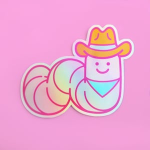 Cowboy Worm Sticker | 3 in Holographic Worm Sticker | Cute Holo Worm Cowboy Vinyl Sticker