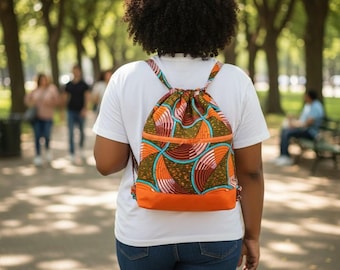Handgemachter Kordelzug-Rucksack mit zwei Reißverschlusstaschen, komplett gefüttert