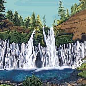 Cartão de felicitações Burney Falls Waterfall, paisagem do parque estadual da Califórnia, ilustrada digitalmente