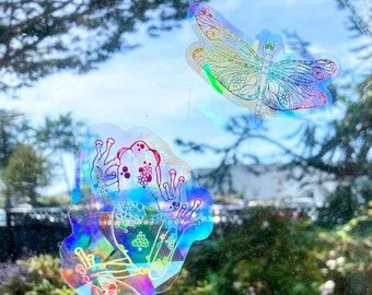 Tree Frog and Dragonfly Suncatcher Rainbow Window Sticker set of 2, Holographic, Prism