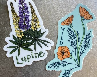 Wildflower Sticker Set: Poppy & Lupine - Waterproof Vinyl Decals