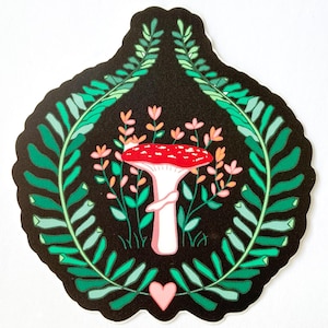 Illustrierte Pilz Motiv Aufkleber mit schwarzem Hintergrund in 3"Mattes wasserfestes Vinyl