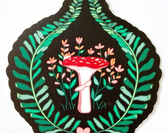 Illustrated Floral Mushroom Motif Sticker with black background in 3" Matte waterproof vinyl